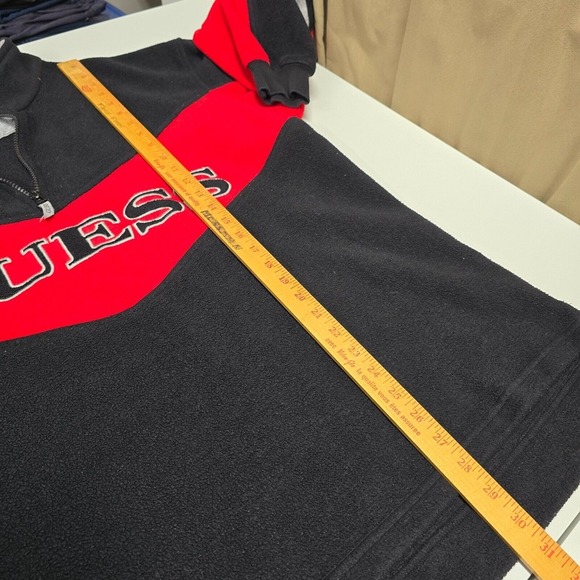 Guess Sweater Mens‎ Medium Black Red Fleece Spellout 1/4 Zip Vintage Y2K - Picture 12 of 13